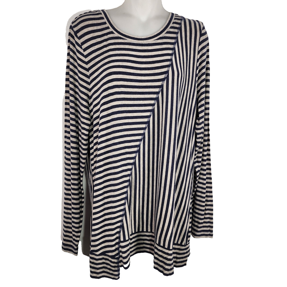 CAbi Womens Ernest Striped Knit Tee Tunic Top Navy Stretch Long Sleeve Coastal L